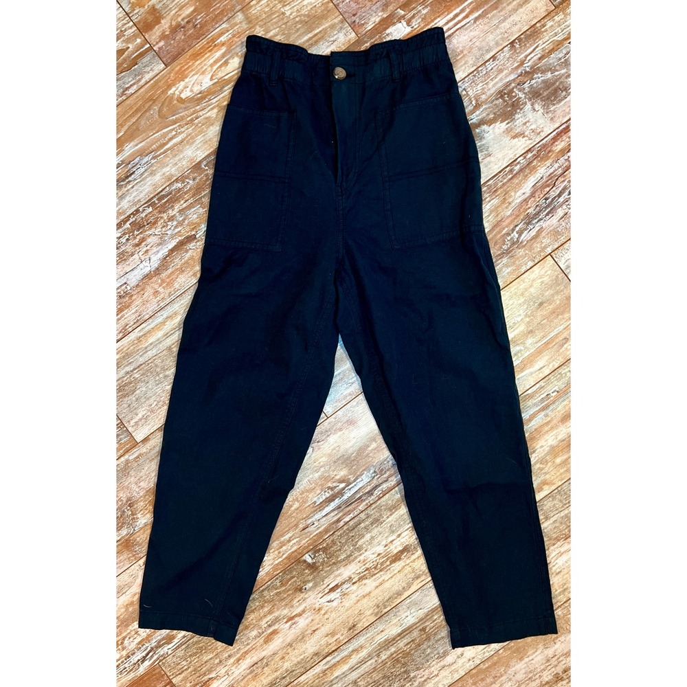 HM Black Cotton Linen Blend High‎ Waist Utility Paperbag Pants Small NWT